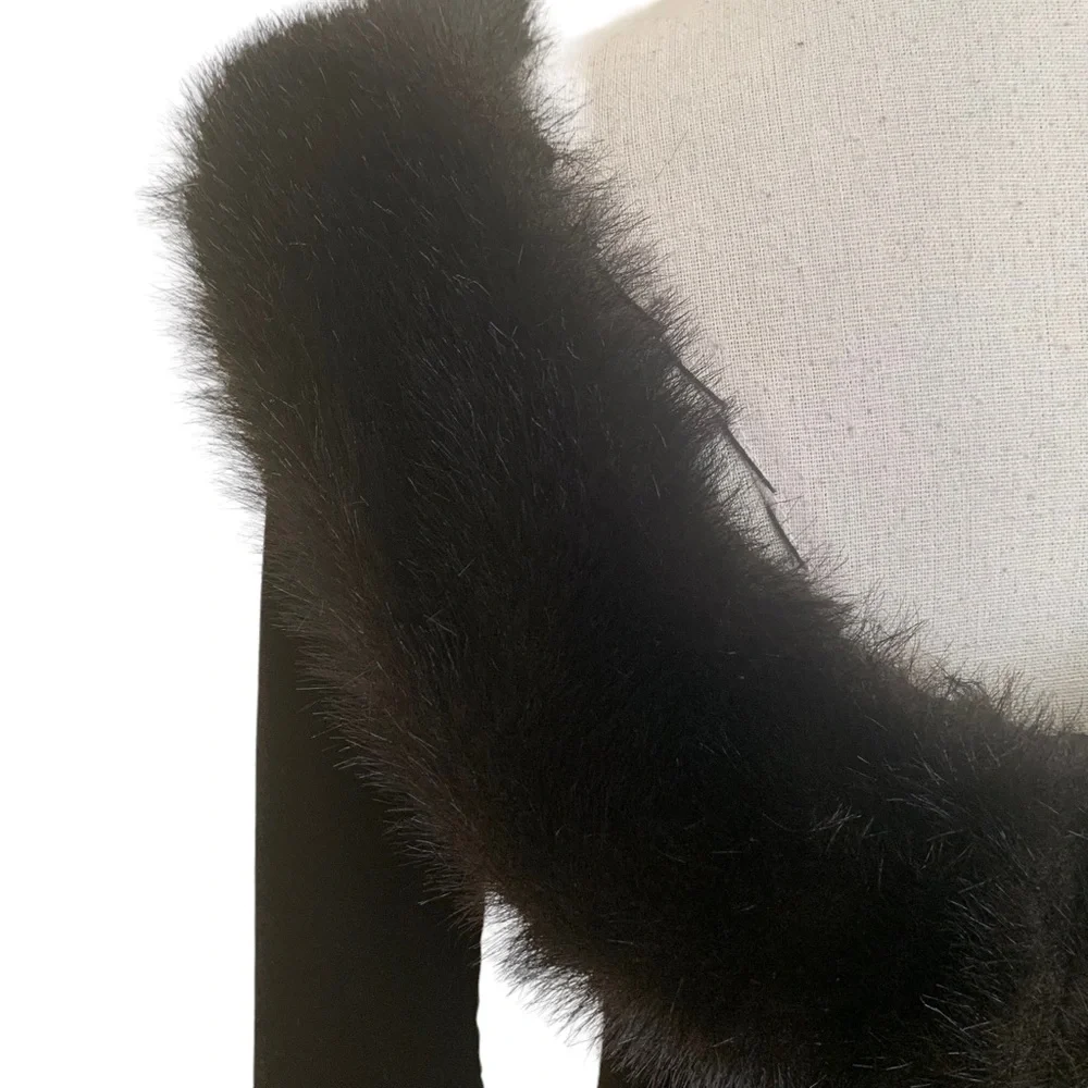 Vintage 90s Chocolate Brown Stretch Velvet Faux Fur Collar Maxi Dress Small - Picture 5 of 12